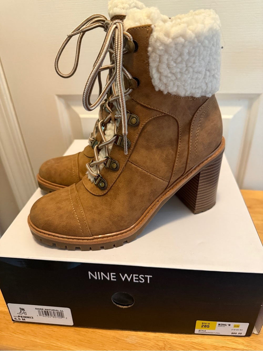 Nine West Penni Tan Lace-Up Sherpa Cuff Block Heel Boots 6.5M
